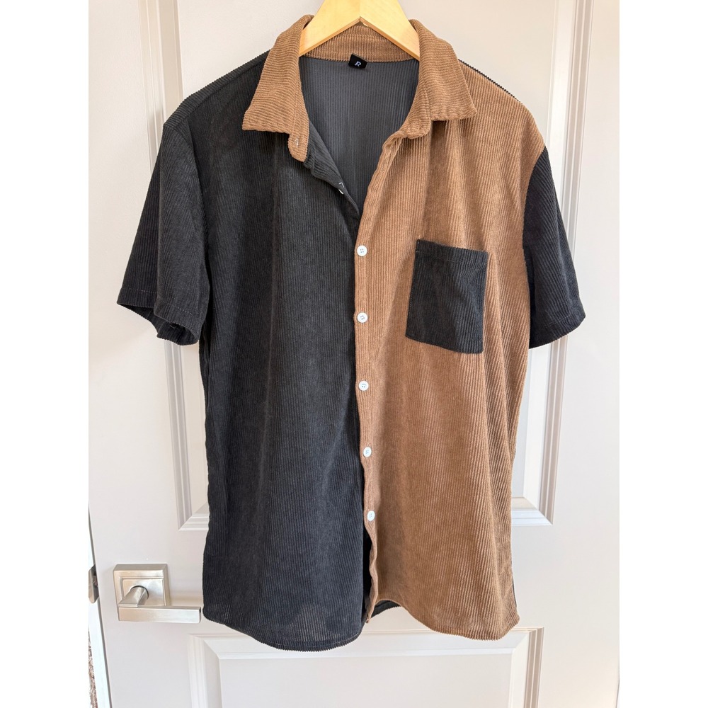 Romwe Mens Colorblock Corduroy Short Sleeve Button Down Shirt Black Brown Large